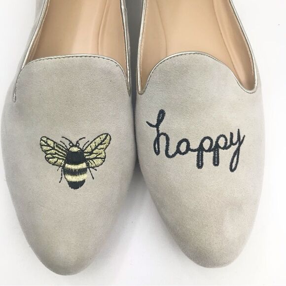 C Wonder Creamy Taupe Suede Leather Be Happy Embroidered Ballet Slipper Flats - Picture 10 of 16